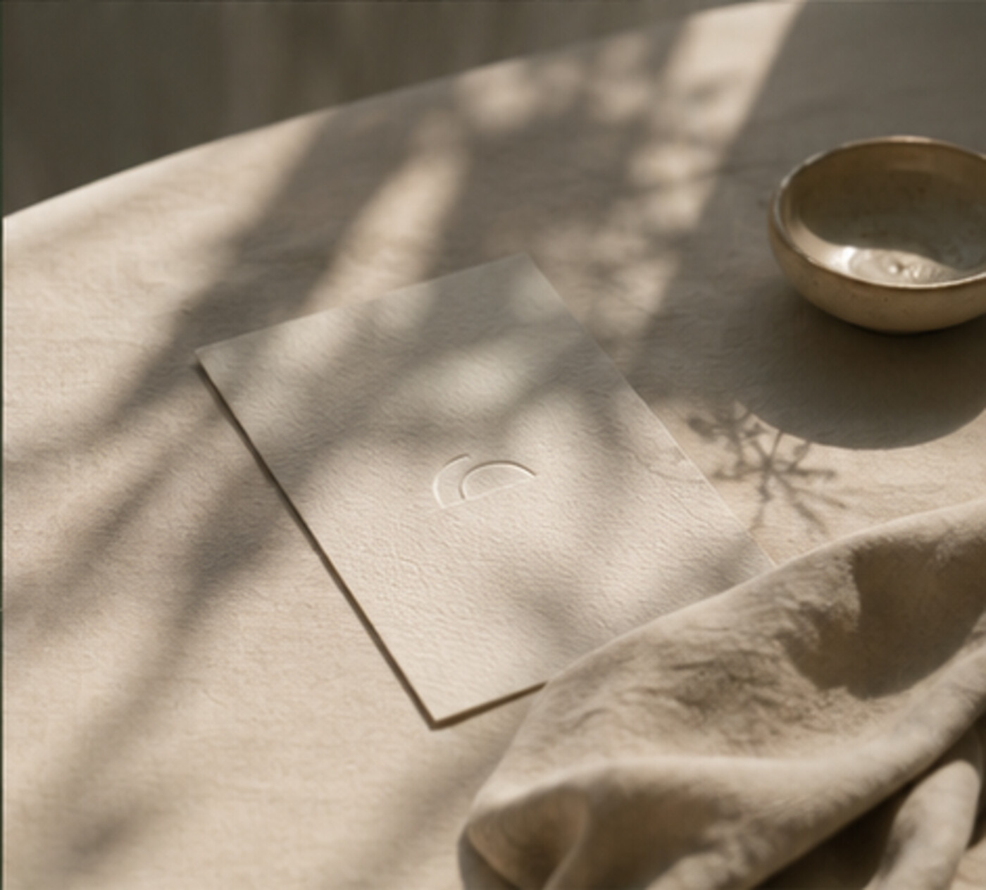 Table dressée avec invitation posée dans une lumière naturelle
